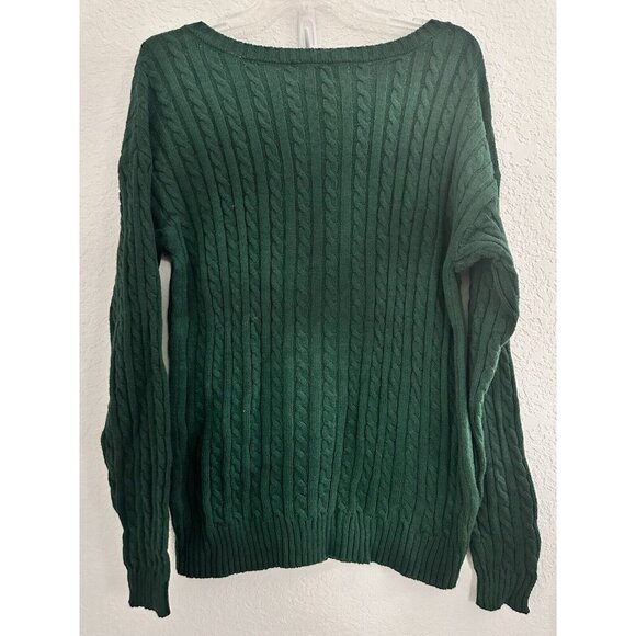 BP Womens Cable-Knit V-neck Sweater‎ Size M Emerald Green Cotton Blend Cottage - Picture 8 of 8